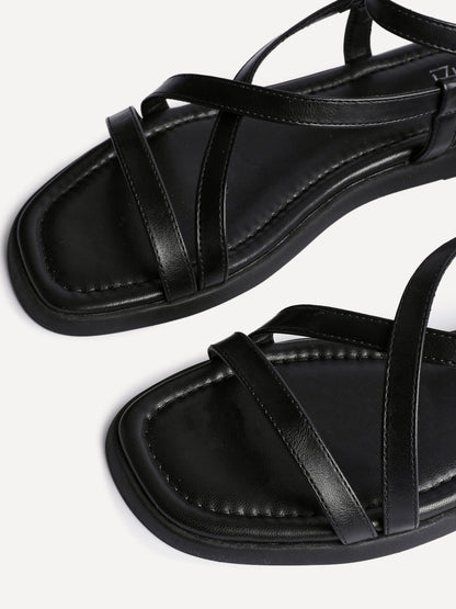 Valor Black Strappy Flat Sandals