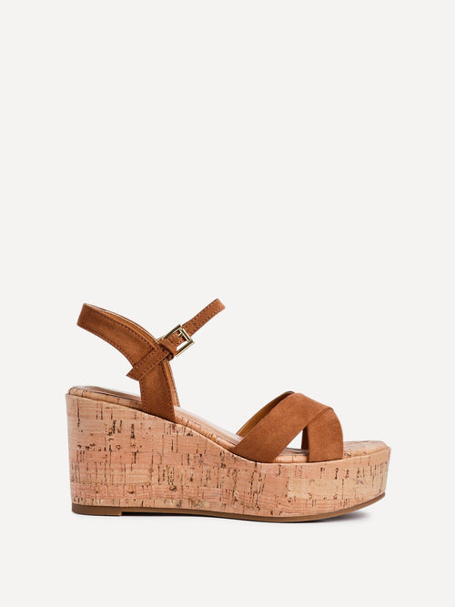 Vivid Tan Faux Suede Cork Wedges