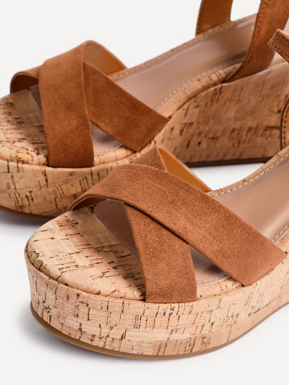 Vivid Tan Faux Suede Cork Wedges