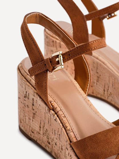 Vivid Tan Faux Suede Cork Wedges