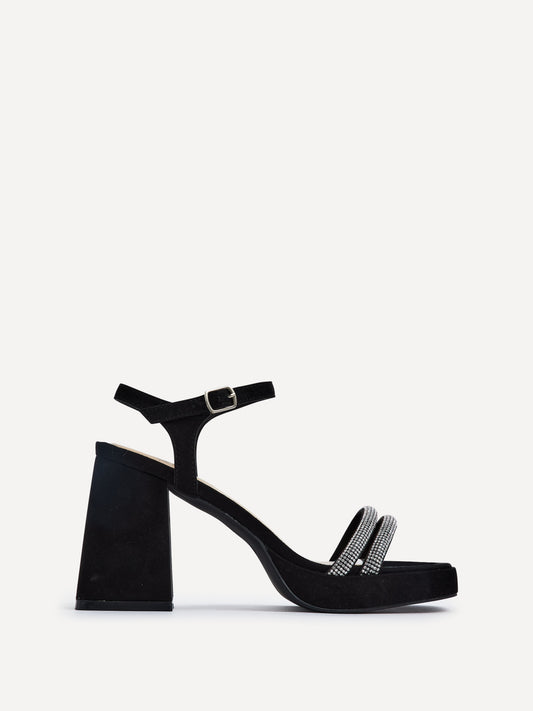 Xandra Black Faux Suede Diamante Platform Heels