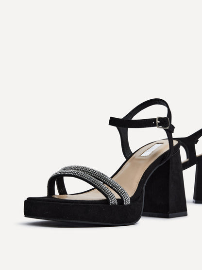 Xandra Black Faux Suede Diamante Platform Heels