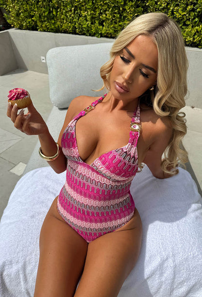 Antibes Pink Zig Zag Striped Deep Plunge Belted Swimsuit
