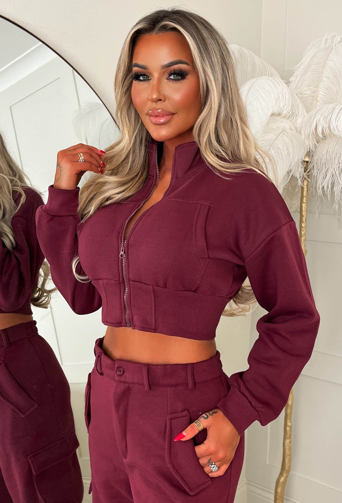 Airport Ready Burgundy Zipped Hoodie & Cargo Jogger Set