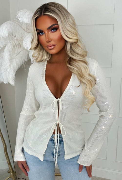 All Over Glitz Cream Sequin Double Tie Top