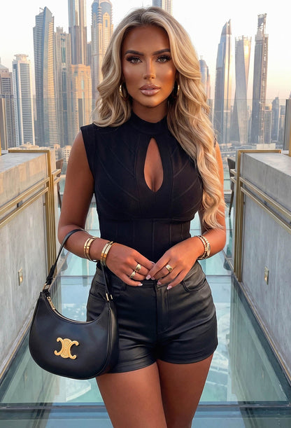 All Yours Black Ribbed Bandage Effect Top