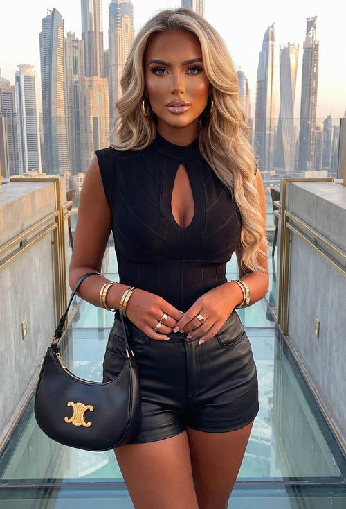 All Yours Black Ribbed Bandage Effect Top