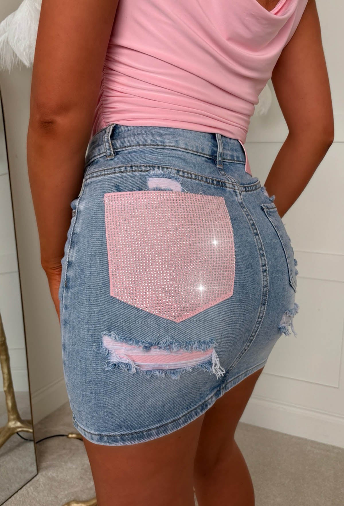 Always A Drama Mid Blue Stretch Denim Hot Fix Skirt