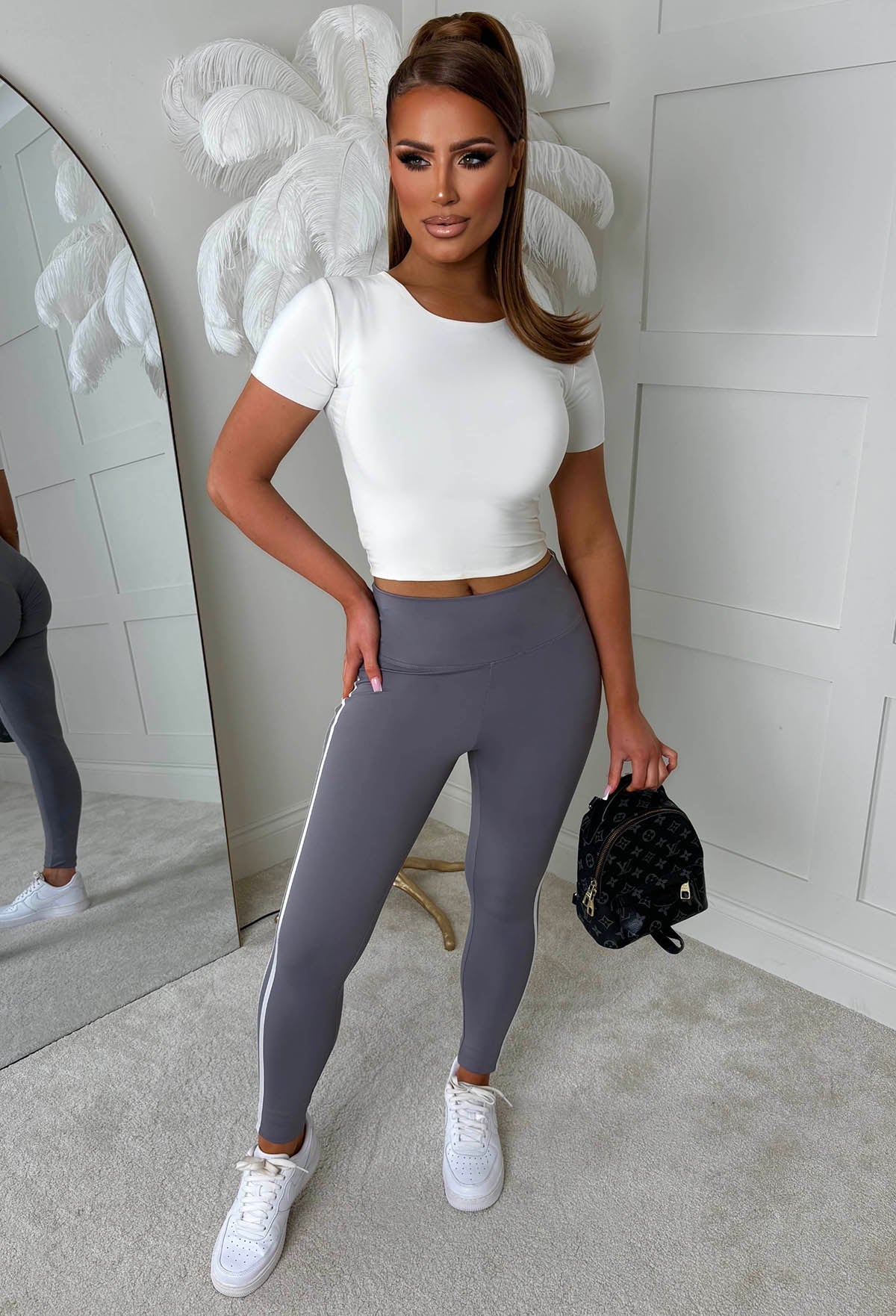 At My Leisure Grey Side Stripe Ruched Leggings