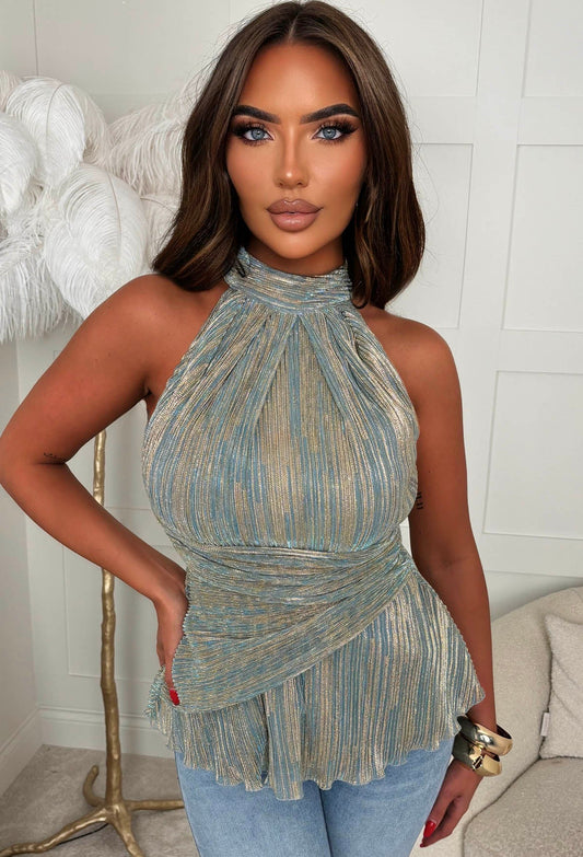 Aubrie Blue Foil Plisse Halterneck Top