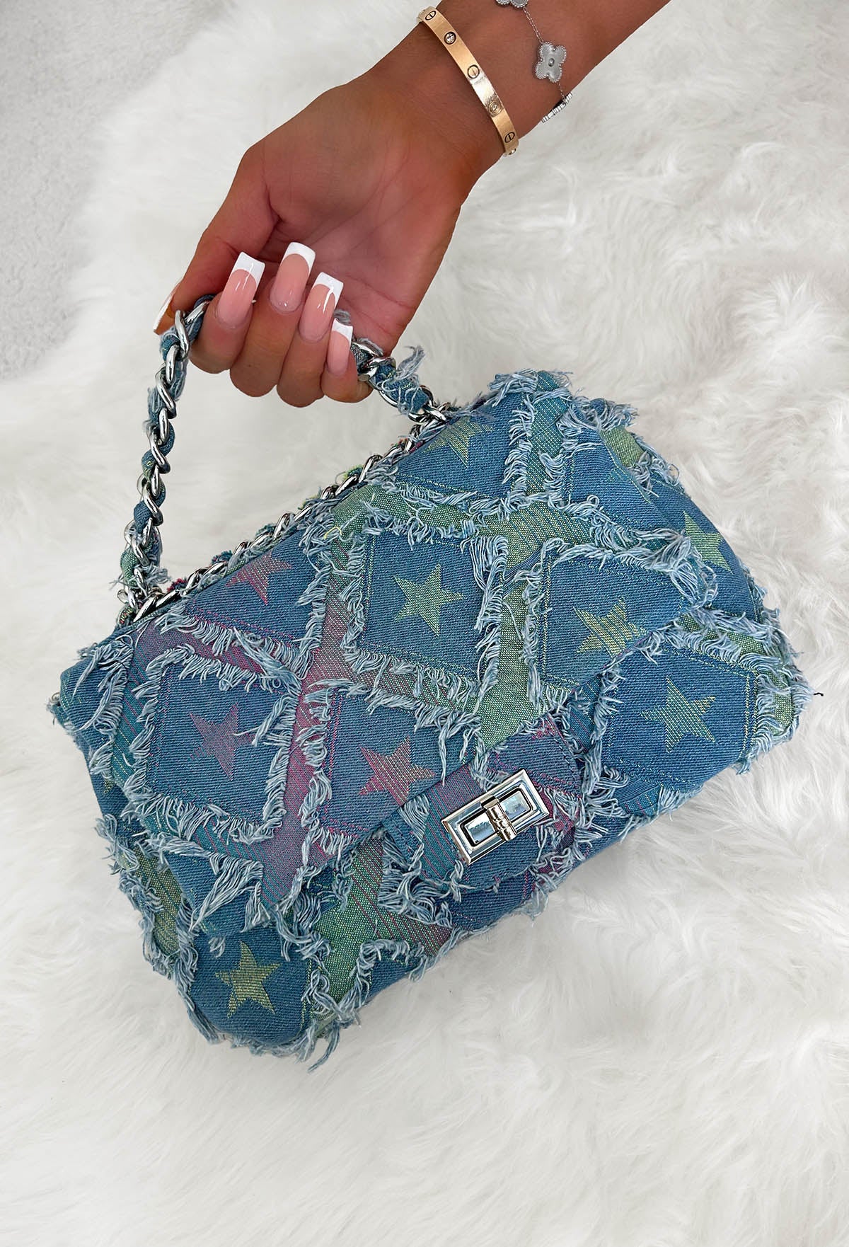 Baddie Glow Multi Denim Top Handle Flap Bag