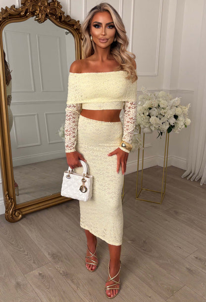 Baecation Beauty Lemon Lace Bardot Top & Midi Skirt Co-Ord Set