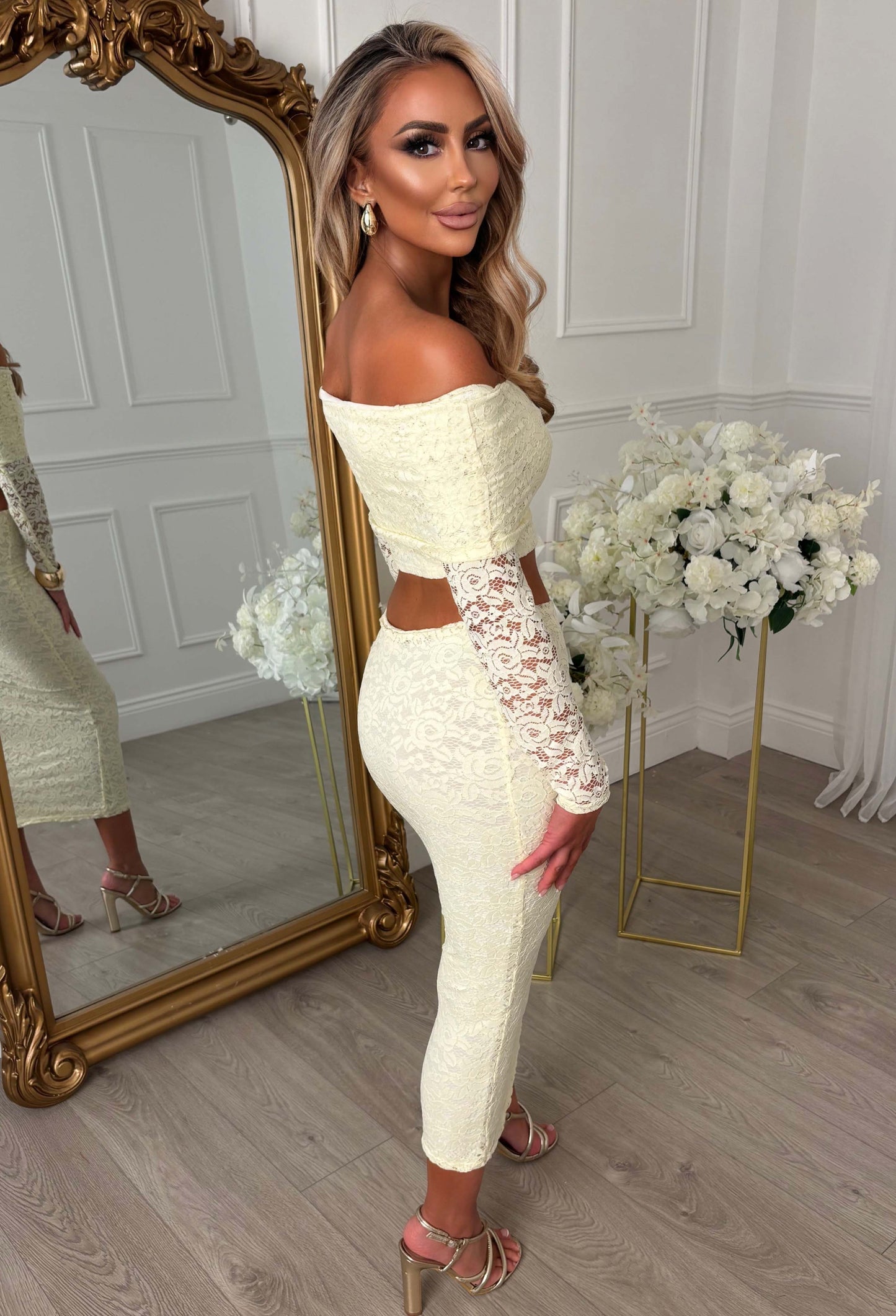 Baecation Beauty Lemon Lace Bardot Top & Midi Skirt Co-Ord Set