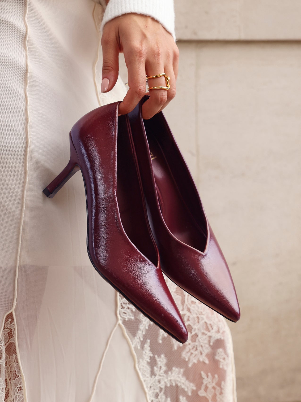 Bellamy Burgundy Faux Leather V-Cut Court Heels