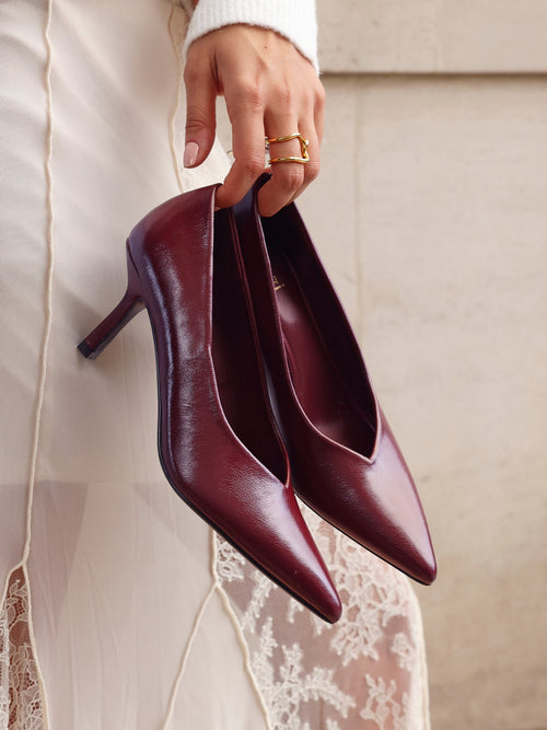 Bellamy Burgundy Faux Leather V-Cut Court Heels