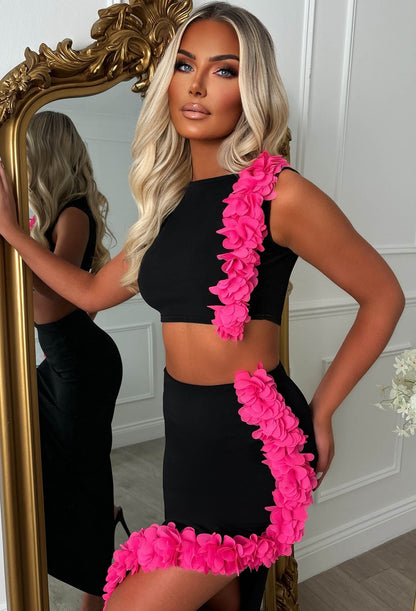 Billionaire Beauty Black Ruffle Midi Side Split Co-Ord Set