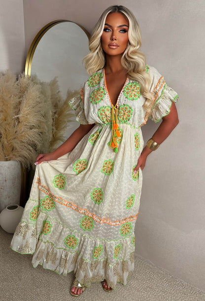 Boho Beautiful Orange Embroidered Boho Maxi Dress