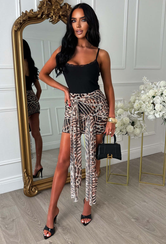 Brooke Brown Double Wrap Mesh Mini Skirt