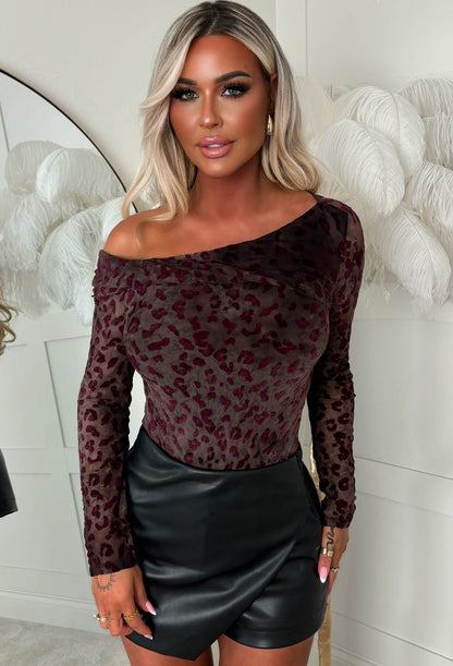 Call Me Later Burgundy Mesh Leopard Off Shoulder Bodysuit