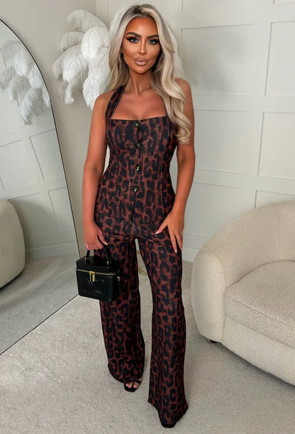 Can't Tame Her Brown Halterneck Leopard Print Waistcoat Top
