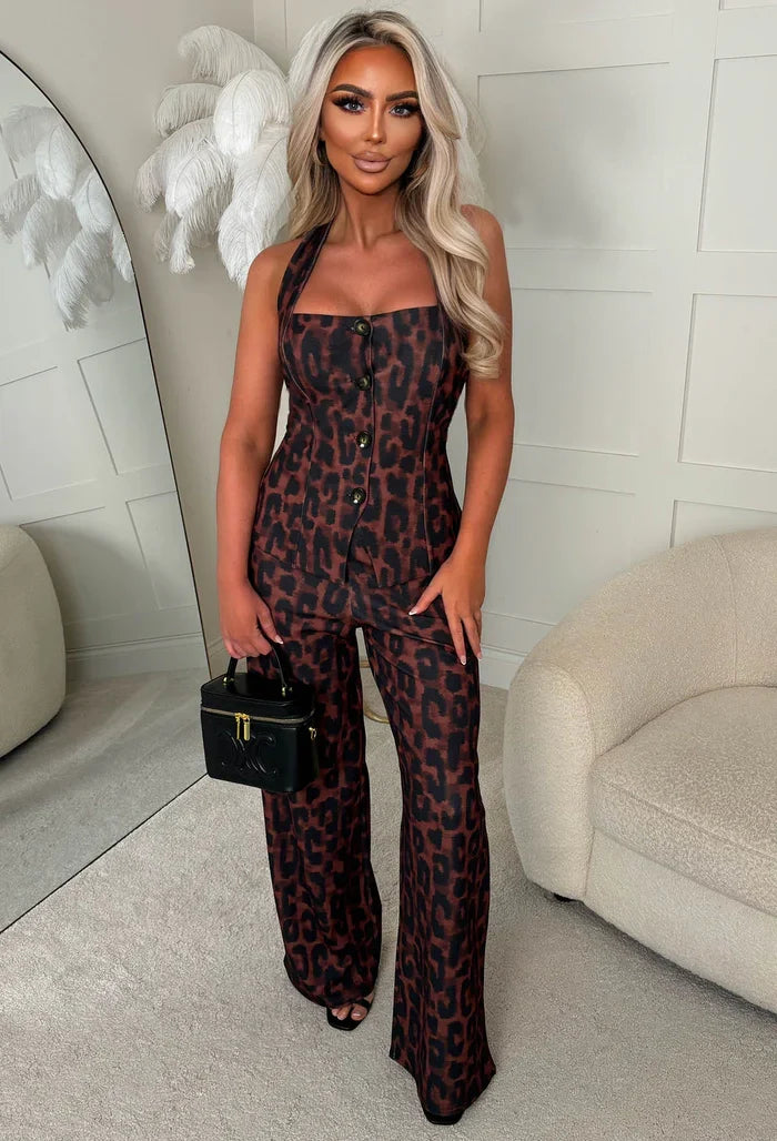 Can't Tame Her Brown Leopard Print Waistcoat & Trousers Set