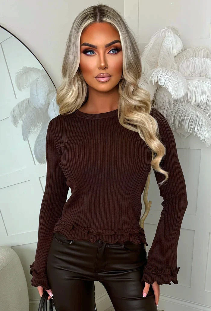 Casual Girl Brown Frill Detail Jumper