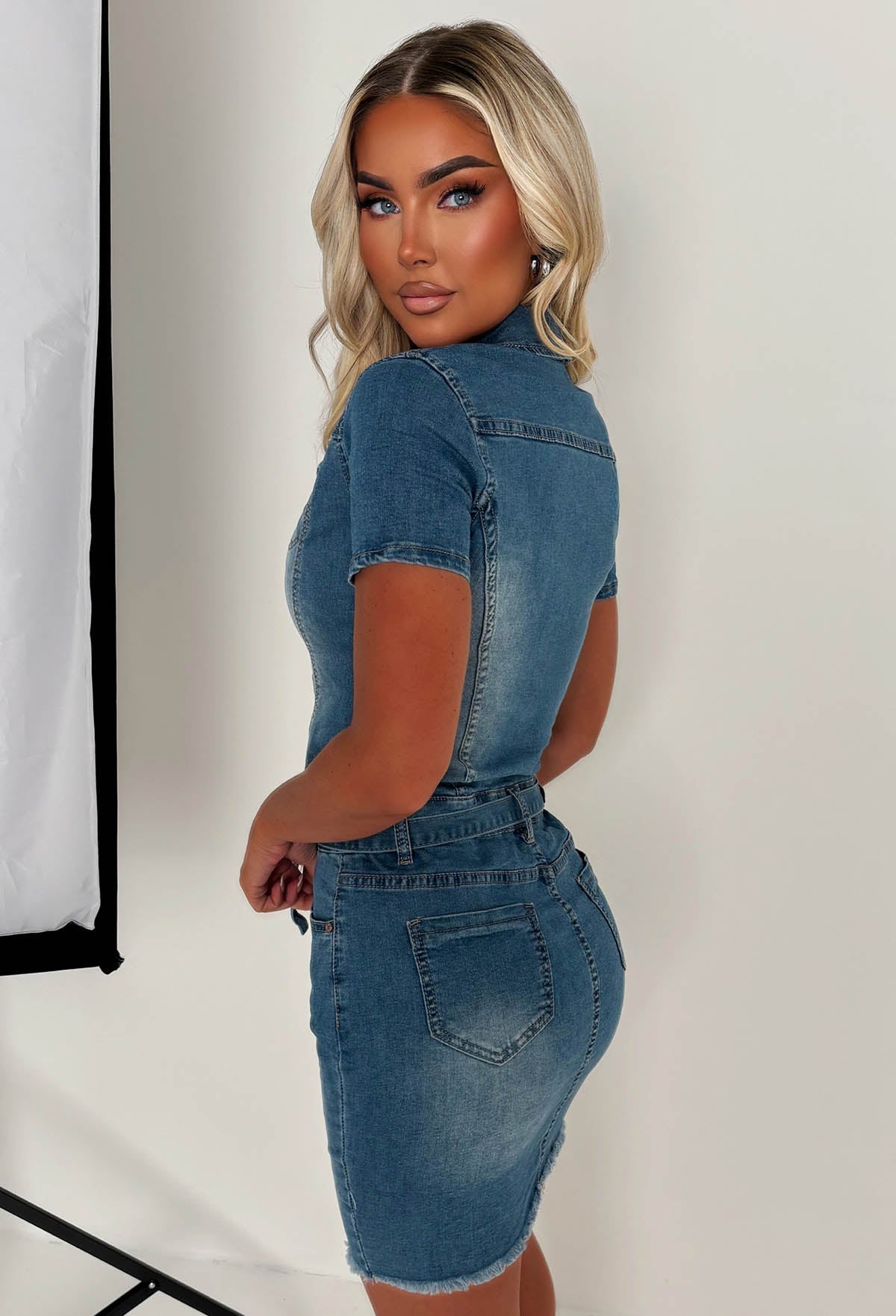 Chantel Mid Blue Stretch Denim Frayed Hem Belted Dress