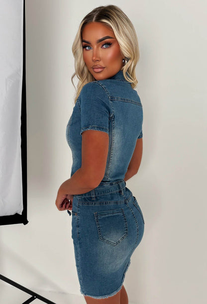 Chantel Mid Blue Stretch Denim Frayed Hem Belted Dress