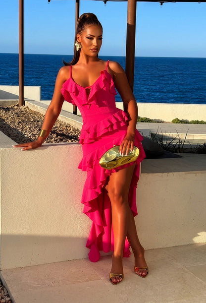Chica Energy Fuchsia Asymetric Ruffle Hem Mini Maxi Dress