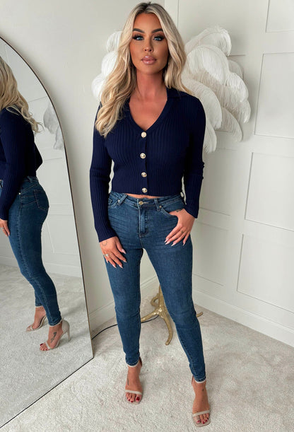 Classic Couture Navy Rib Knit Button V-Neck Jumper