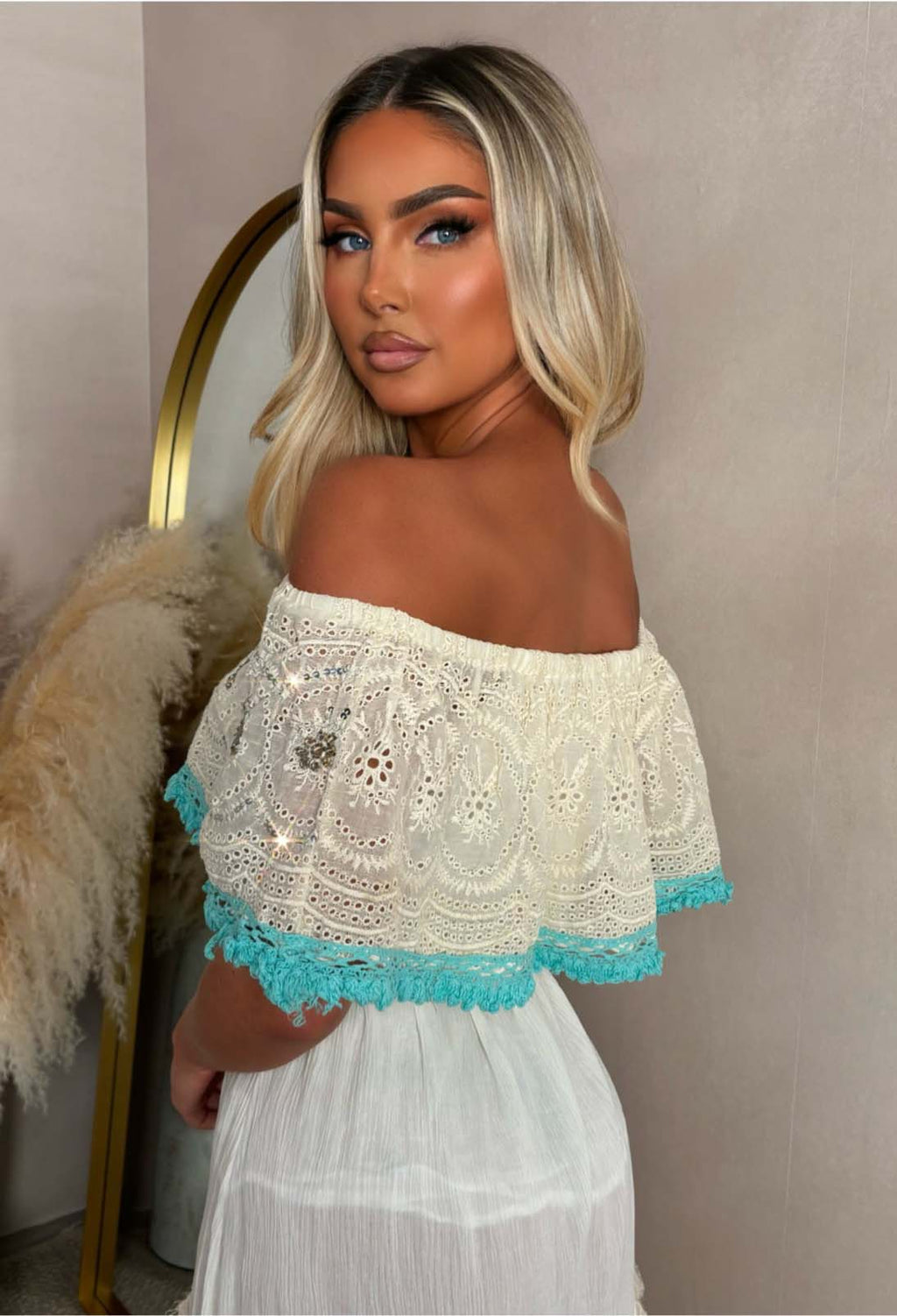 Clover Petal Stone Bardot Boho Chambray Dress