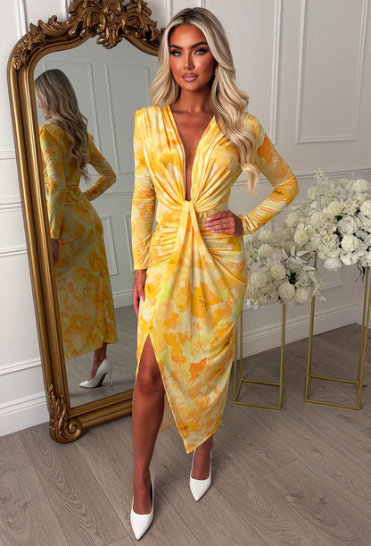 Cocktail Chic Lemon Stretch Long Sleeve Plunge Ruched Midi Dress