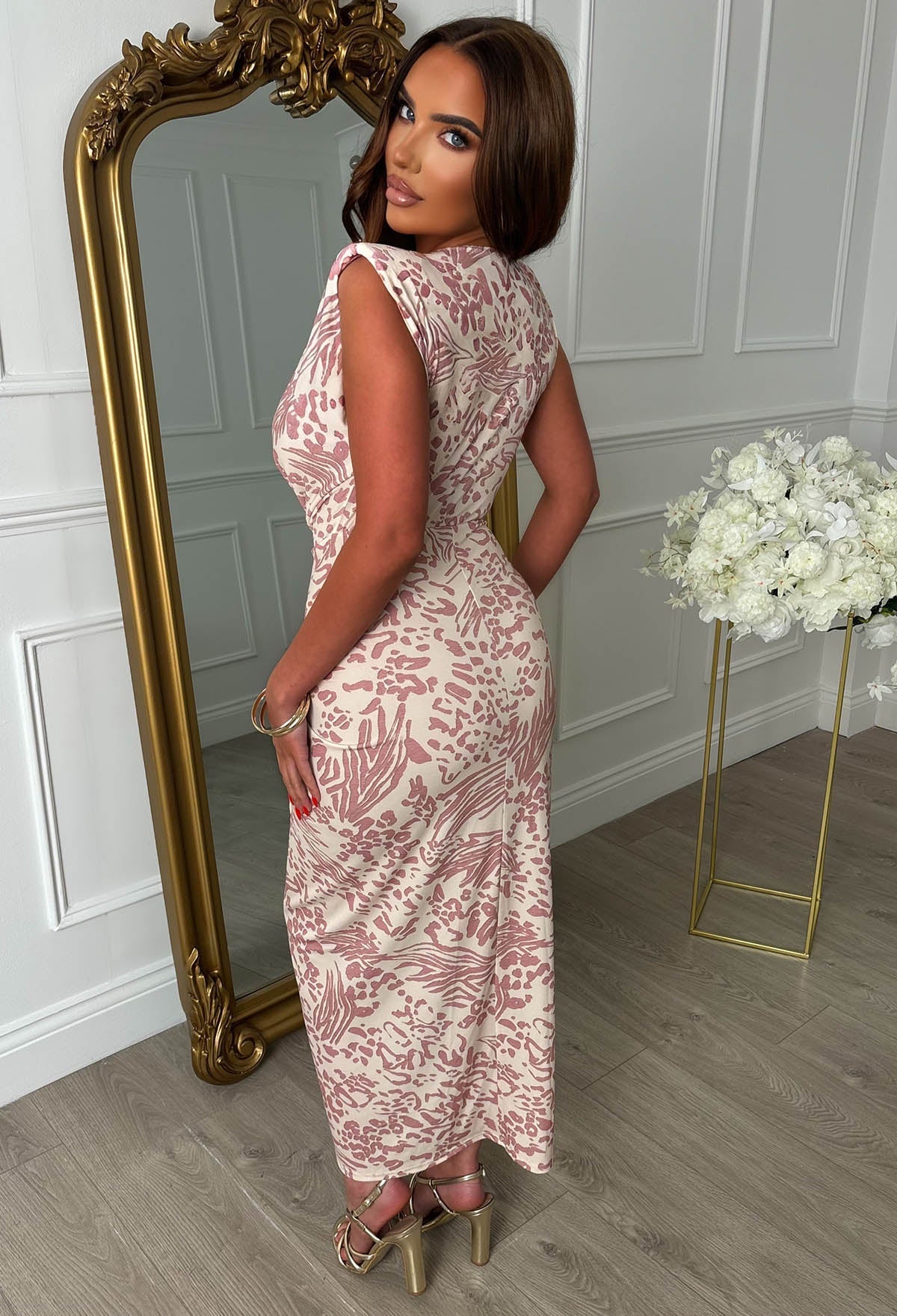Cocktail Hour Pink Stretch Sleeveless Plunge Ruched Animal Print Midi Dress