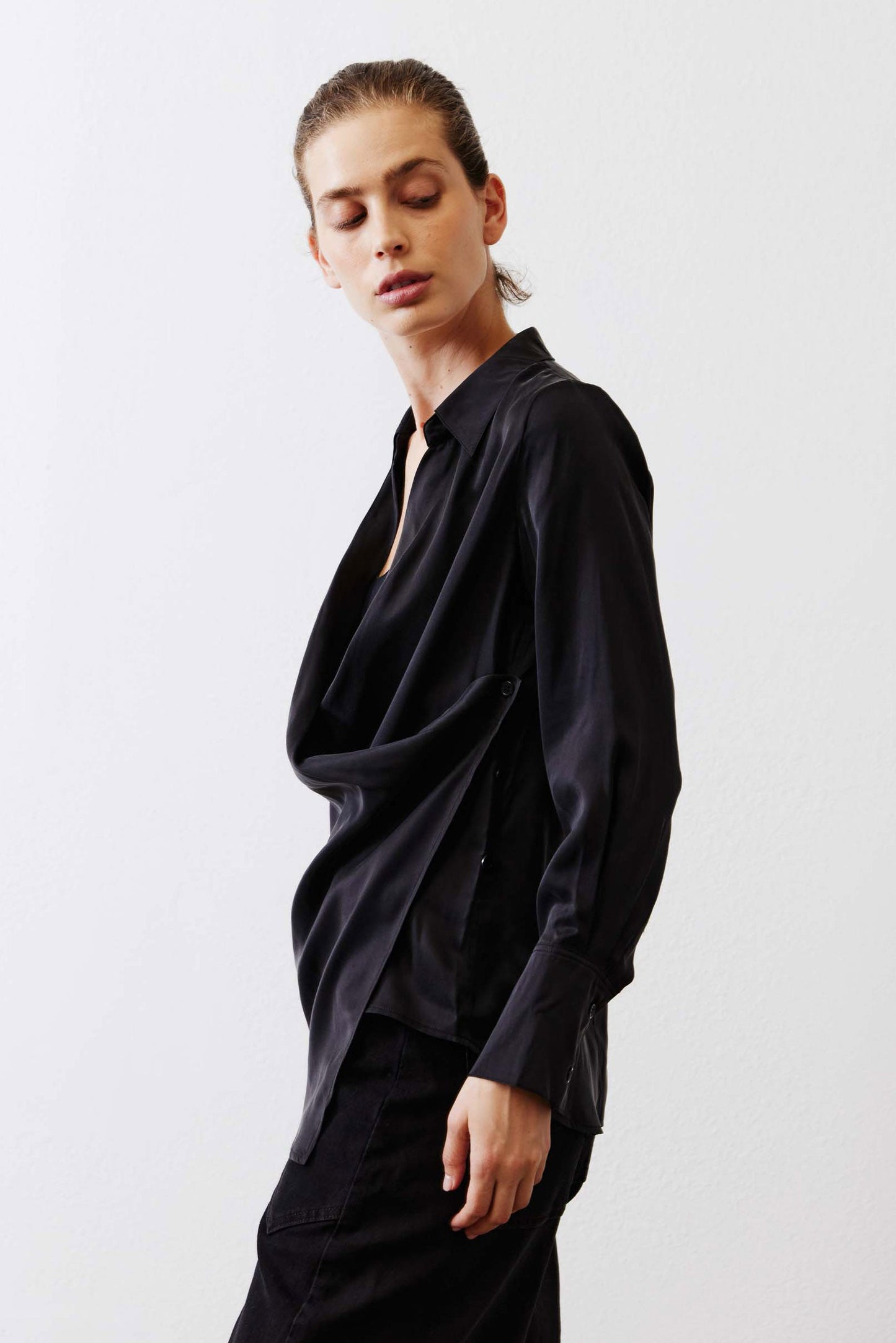 Collared Wrap Washable Silk Blouse