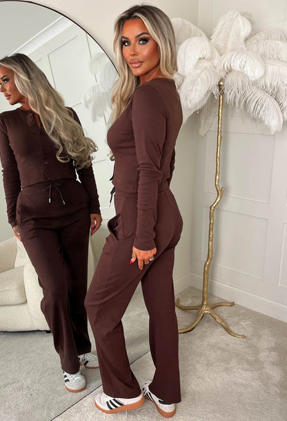 Comfort Me Chocolate Brown Ribbed Long Sleeve Co-ord Set