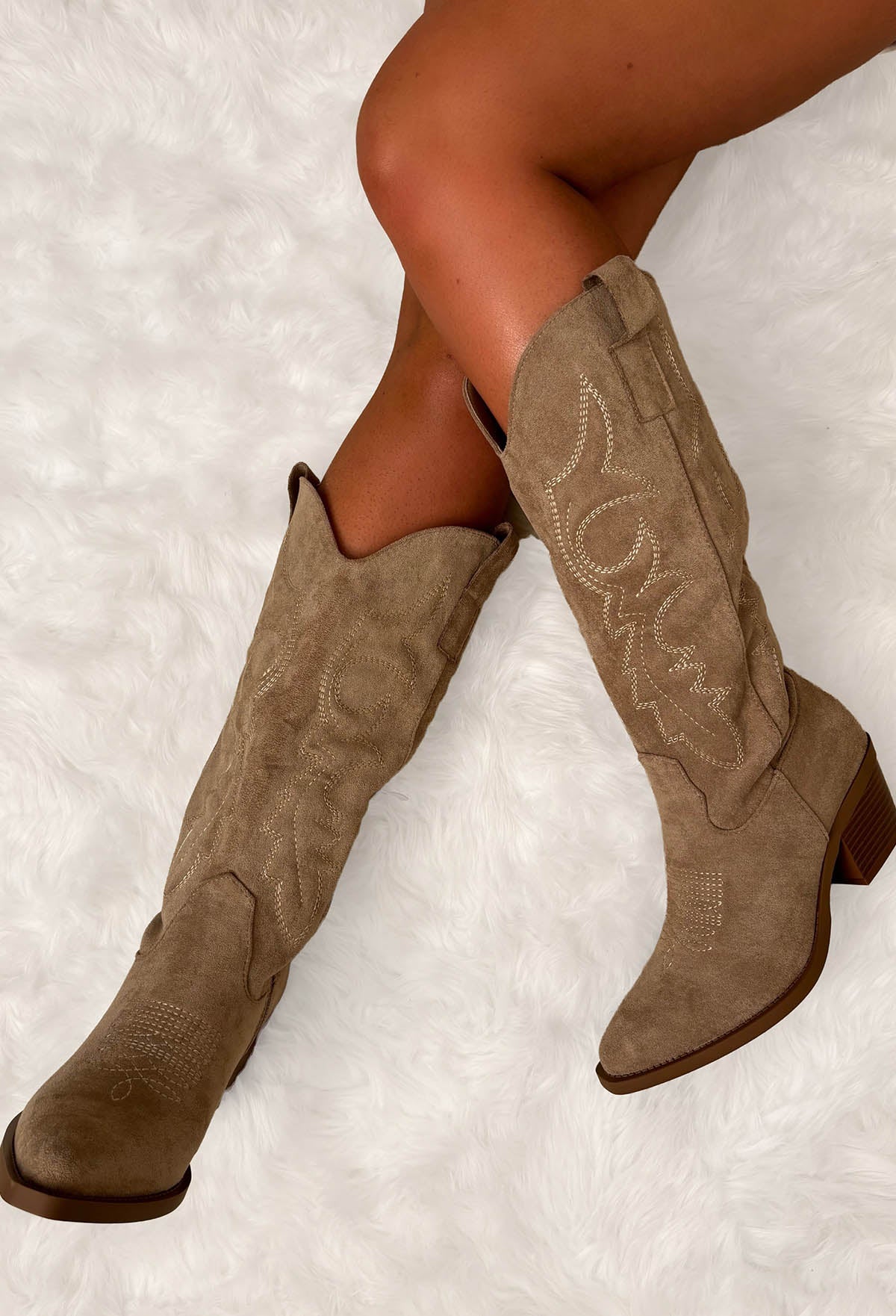 Cowboy Chic Taupe Embroidered Western Mid Calf Boots