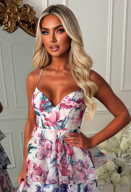 Daisy Kiss Purple Floral Ruffle Midi Dress
