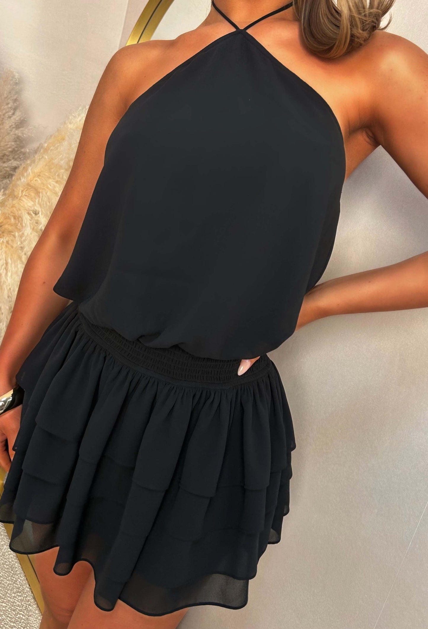 Dangerously Divine Black Frill Halter Mini Dress