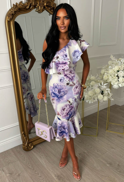 Darling Daydream Lilac Floral Asymmetric Ruffle Midi Dress