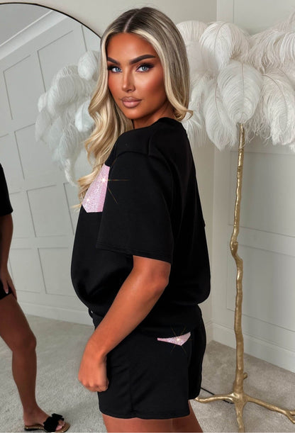 Dazzling Dreams Black Hot Fix Pocket Shorts Lounge Co-Ord Set