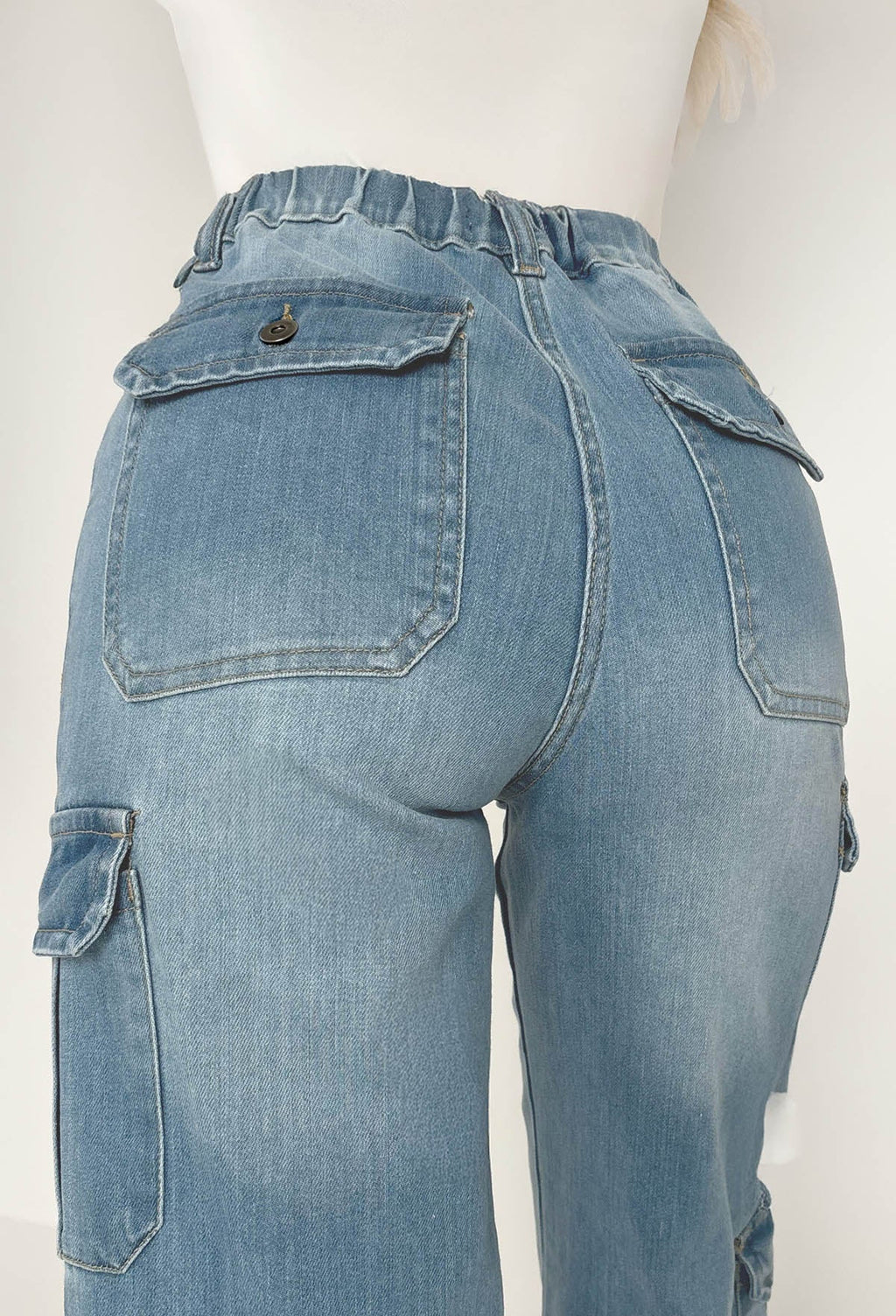 Denim Revolution Mid Blue Cargo Denim Wide Leg Stretch Jeans