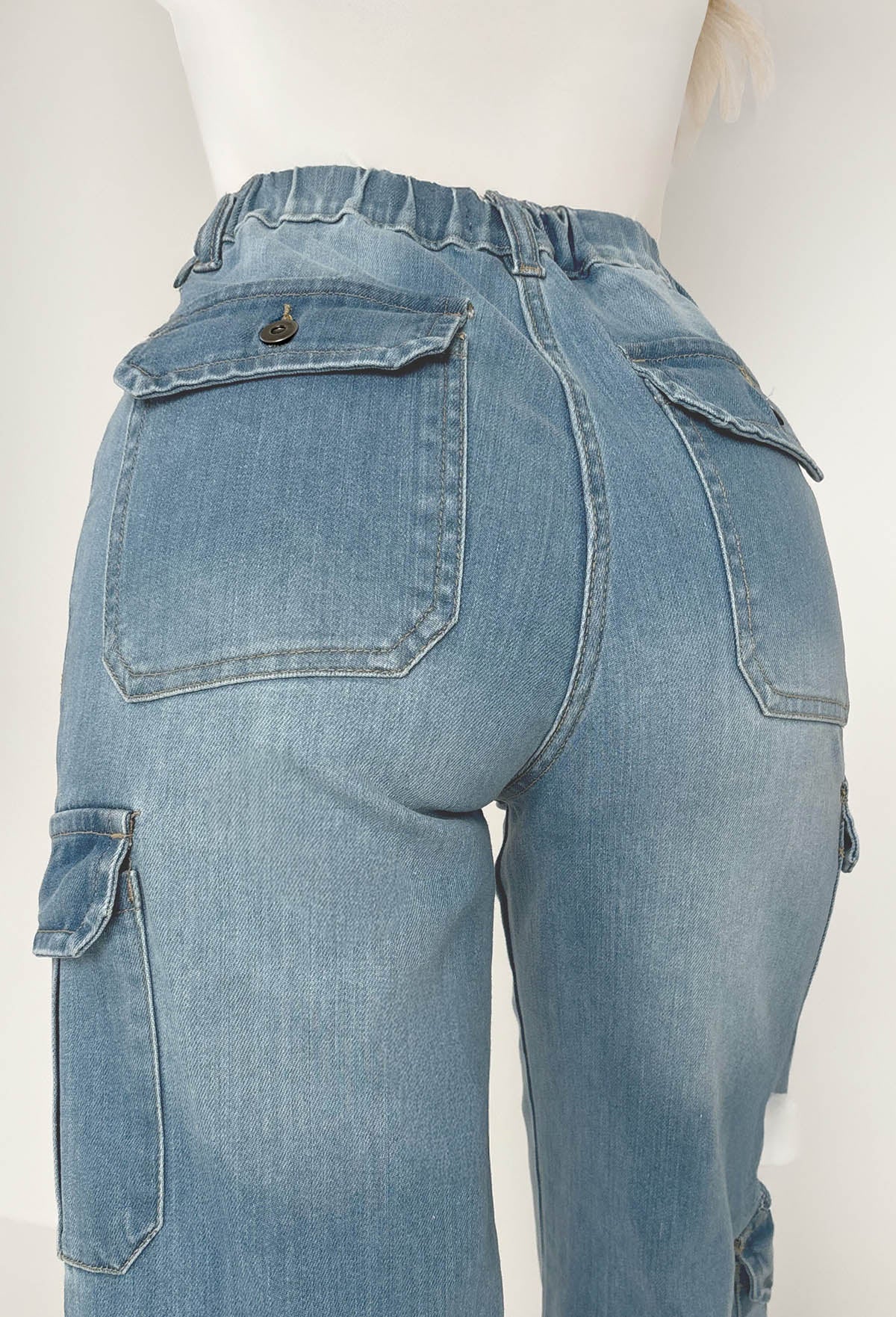 Denim Revolution Mid Blue Cargo Denim Wide Leg Stretch Jeans