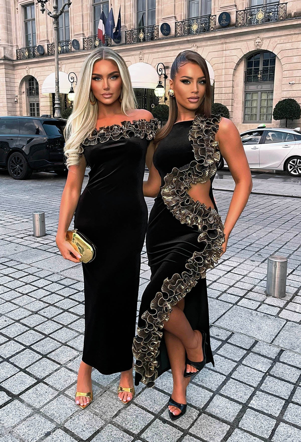 Desirable & Divine Black Velvet Ruffle Bardot Midaxi Dress