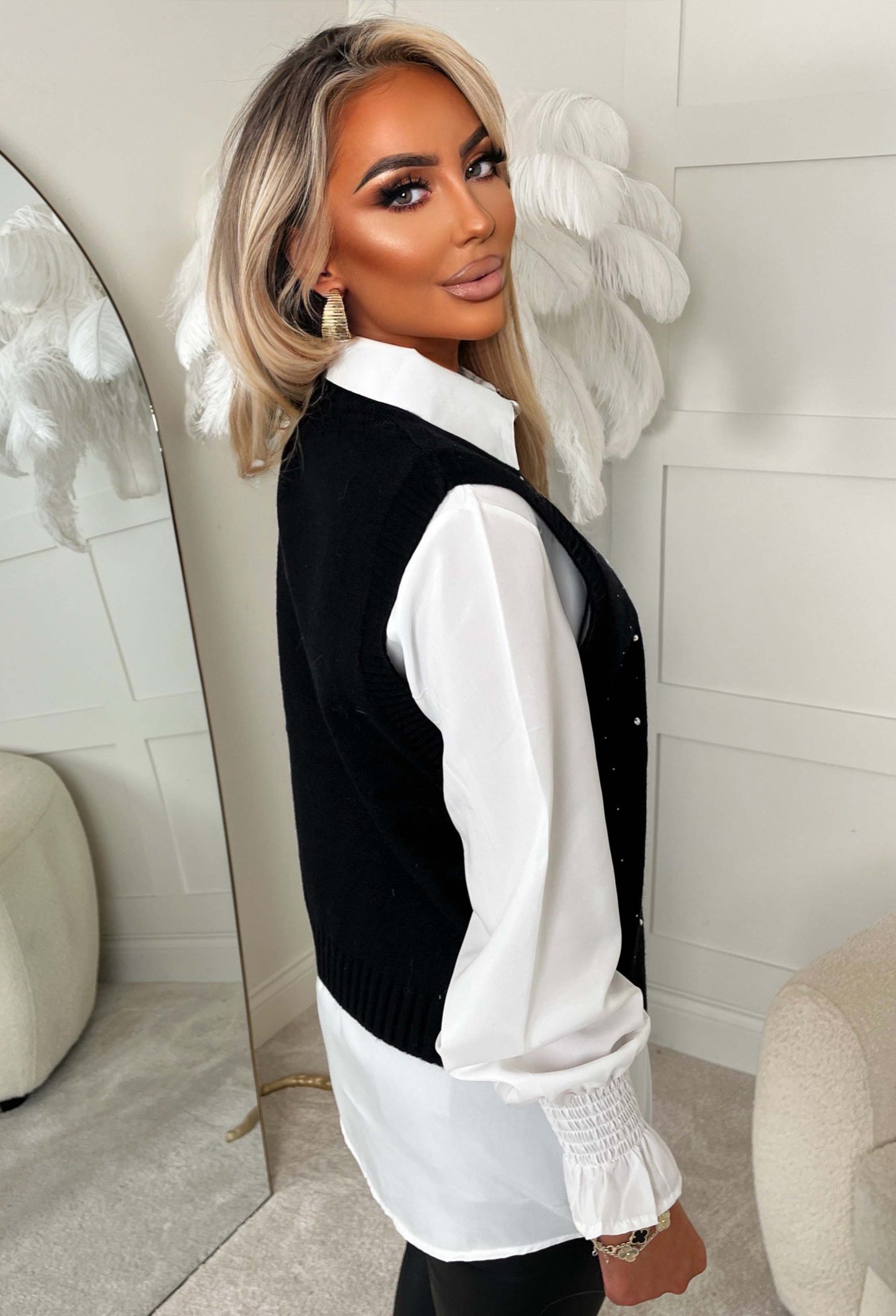 Desire Bloom Black 2 In 1 Diamante Embellished Jumper With Shirt