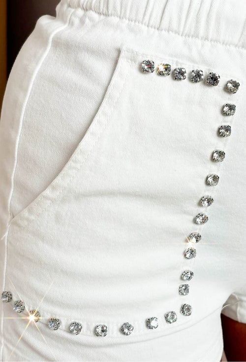 Diamond Chic White Stretch Denim Paperbag Diamante Shorts