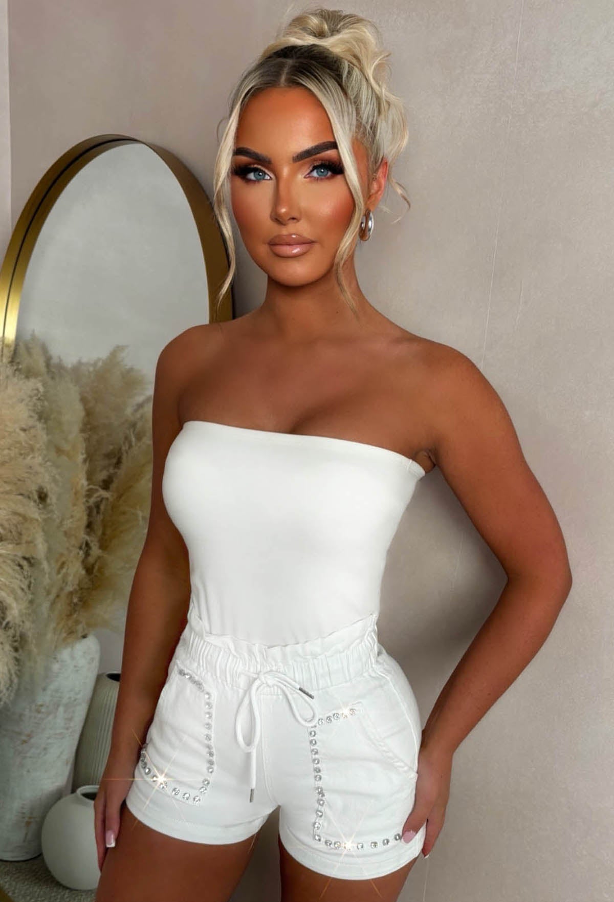 Diamond Chic White Stretch Denim Paperbag Diamante Shorts