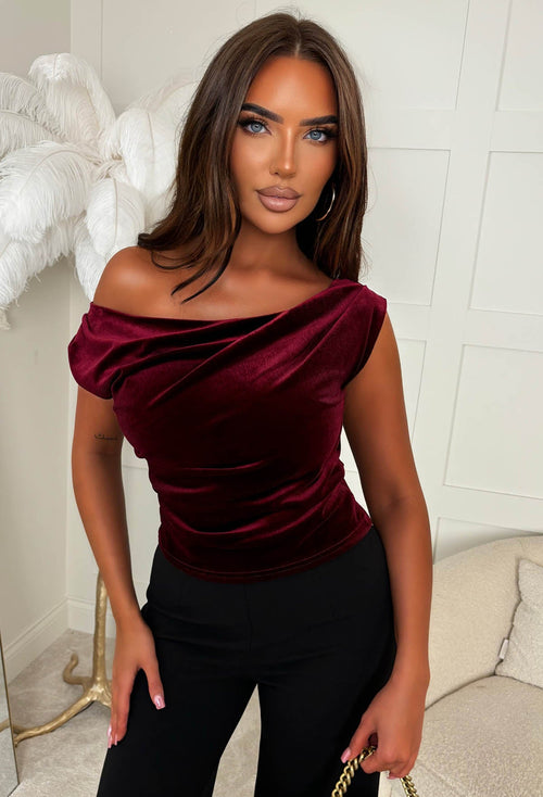 Dixie Burgundy Velvet Ruched Shoulder Top