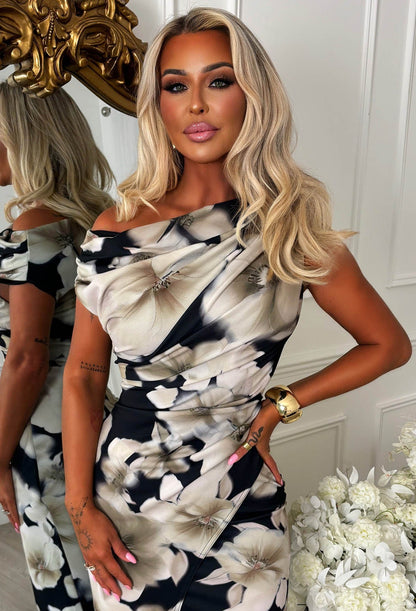 Dixie Chic Monochrome Off Shoulder Floral Print Dress