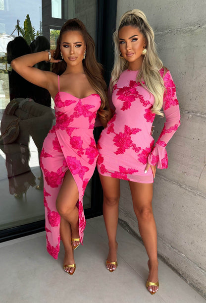 Dream For All Fuchsia Ribbon Flower Split Front Dress