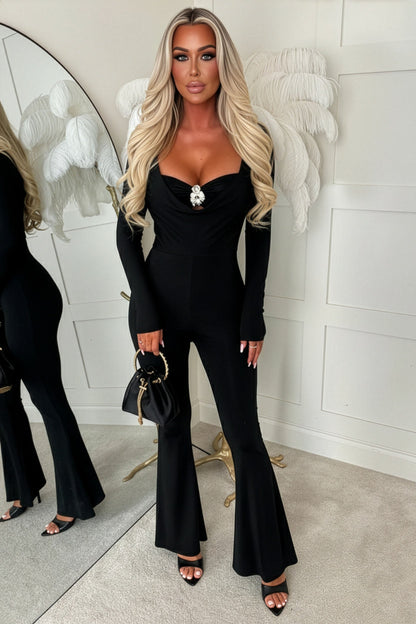 Effortless Seduction Black Bandeau Cowl Long Sleeve Jumpsuit